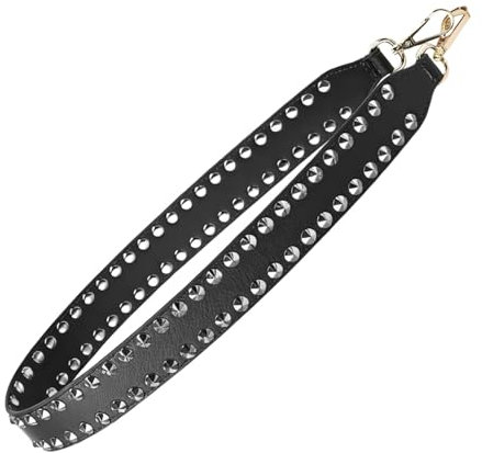Correa de hombro de cuero con tachuelas plateadas, correa ancha de repuesto para bolsas cruzadas, piel sintética, 1.57 x 35.43 pulgadas, color negro con herrajes plateados, Cuero sintético