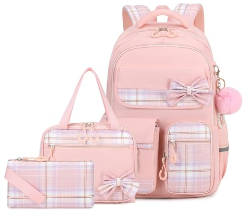 Amythe School Bag Girls Set, School Backpack Girls 3 Pieces with Lunch Bag Pencil Case, School Bag for Girls 3rd to 5th Grade, Cute Casual Children's Backpack, pink, 30 x 18 x 44 cm, Backpack