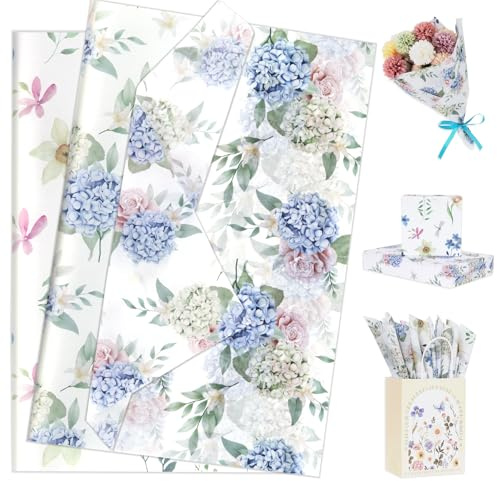Larcenciel Papel de Seda Acuarela Floral, 60 Hojas Vintage Papel Seda para Envolver, Bonito Artístico Embalaje Regalo con Hortensias y Rosas para Boda Cumpleaño Fiesta Navidad Aniversario DIY 50x35CM