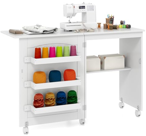 COSTWAY Tavolo da Cucito Pieghevole, Mobile per Macchina da Cucire con Ripiano Portaoggetti, 3 Scomparti Nascosti e Ruote Bloccabili, Mobile Multiuso per Piccoli Spazi (Bianco, 118,5 x 40 x 79,5 cm)
