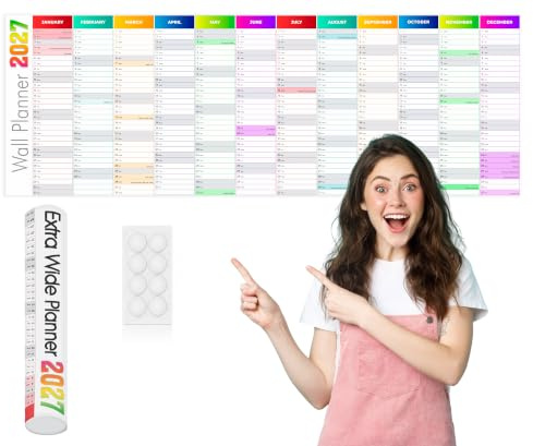 Giftinghouse Wall Planner 2027 Extra Wide 120 x 42 cm Yearly Planner Wall Chart Extra Wide Layout Uncoated, Large Writing Space, UK Holidays, Folded Delivery, Home & Office Planning