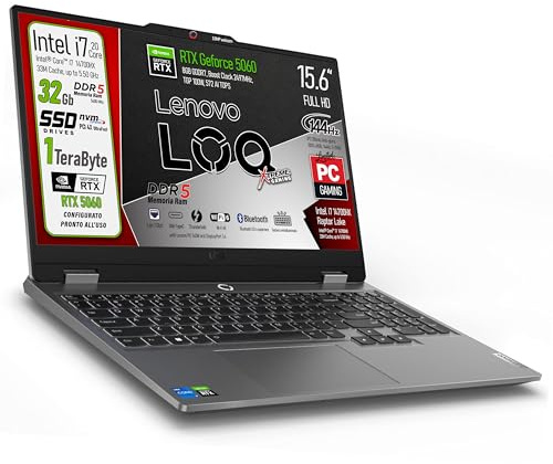 Lenovo Notebook Intel i7 14700HX 20Core, DDR5 32Gb 5600MHz, Svga GeForce RTX 5060 8Gb, SSD 1Tb, DISPLAY 15,6 sRGB 100%, 144Hz, G-SYNC, Tastiera Italiana retroilluminata, pronto all'uso, Gar. Italia