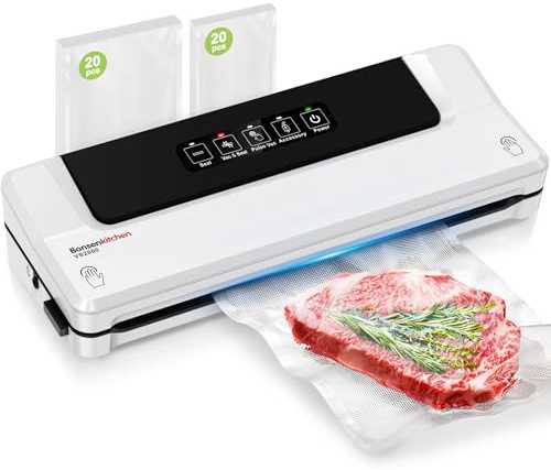 Bonsenkitchen Vacuum Sealer, Multi-Functional Vacuum Sealer Machine, Globefish Technology for High-Speed Continuous Working, Fast-Compact food Sealer for Sous Vide, Includes 40 Vacuum Bags (White)