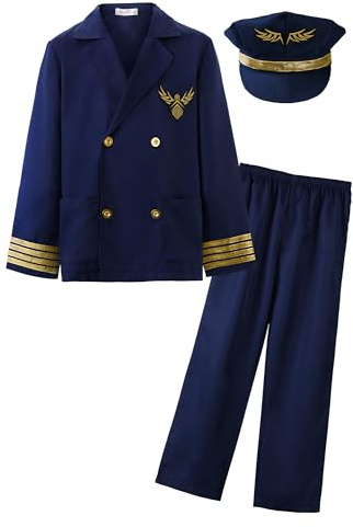 ReliBeauty Costumi di Carnevale Pilota Bambino con Cappello blu,110