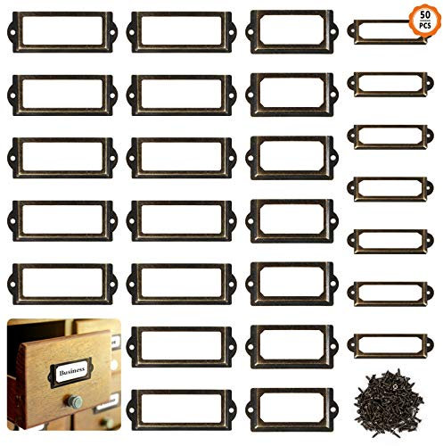 50Pcs Metall Etikettenhalter Etikettenrahmen Vintage Metall Etikettenrahmen Vintage Label Rahmen Etikettenrahmen Namensschild für Schublade Apothekerschrank(3 Größen)