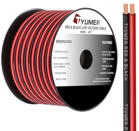 TYUMEN 12 Gauge Red Black Wire 50FT, 12/2 AWG Electrical Wire 12V/24V DC Cable, 12AWG 2 Conductor Flexible Copper Claded Aluminum Extension Cord for LED Ribbon Lamp Tape Lighting, in-Home, Autos Use