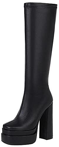 Mattiventon Platform Knee High Boots for Women Chunky Heel Square Toe Boots Side Zip Stretch Gogo Boots