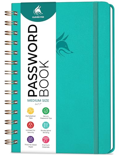 Clever Fox Password Book Spiral – Internet Address & Password Organizer with Laminated Alphabetical Tabs – Password Keeper Journal – Hardcover, Medium Size, 6.1x7.7” (Turquoise)