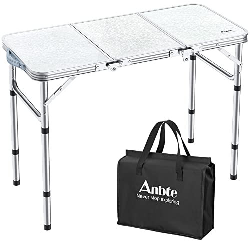 Anbte Tavolo Pieghevole da Campeggio 87.5 * 40.2 * 68.5 cm,Tavolino da Giardino Caffè 3 Regolabili in Altezza in Alluminio con Rete da Giardino/Picnic/Balcone/Barbecue/Spiaggia-Bianco
