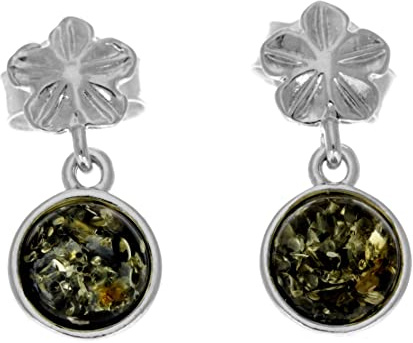 Genuine Green Baltic Amber set in 925 Sterling Silver Flower Studs Dangling Earrings - 8506G