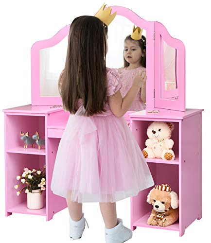 GYMAX Toeletta da Trucco per Bambine 2 in 1, Tavolo Trucco per Bambina con Specchio Triplo Rimovibile e Vani Aperti (Rosa, Toeletta)