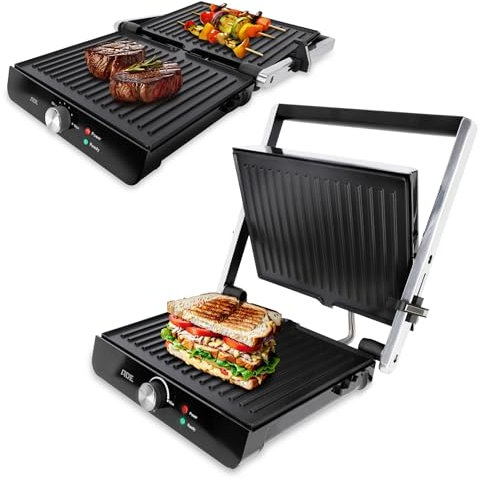ADE Barbecue életrique pour légumes, steak et grill panini | grande appareil croque monsieur | Plancha électrique | plaques antiadhésives et température réglable | 2.000 Watt | noir