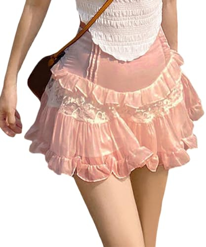 Betrodi Womens Lolita Skirt Tiered Ruffle Sweet Cake Skirt Y2k Japanese Kawaii Layered Mini Skirt Aesthetic Streetwear(Style1A-Pink,S)