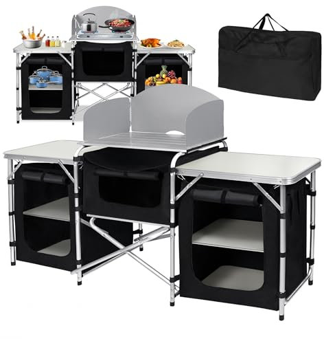 CEEDIR Faltbarer Campingschrank Campingküche Camping Küche mit Aluminiumgestell Outdoor Schrank Küchenbox Reiseküchemit Tragetasche -5 Fächer