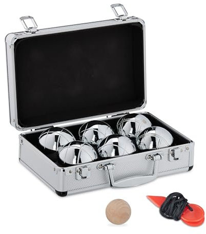 Relaxdays Boule Kugeln, 6 Stahlkugeln, D: 72 mm, Set mit Zielkugel, Abstandsmesser & Metallkoffer, Boccia Spiel, silber