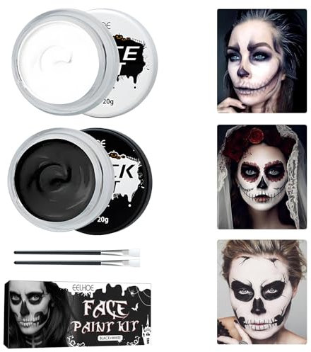 Halloween Schminke Schwarz Weiß Gesichtsfarbe, Kinderschminke Halloween Clown Makeup Gesicht Körperfarben mit Makeup Pinsel für Karneval Theaterschminke Kinder Erwachsene Schminke Halloween Make Up