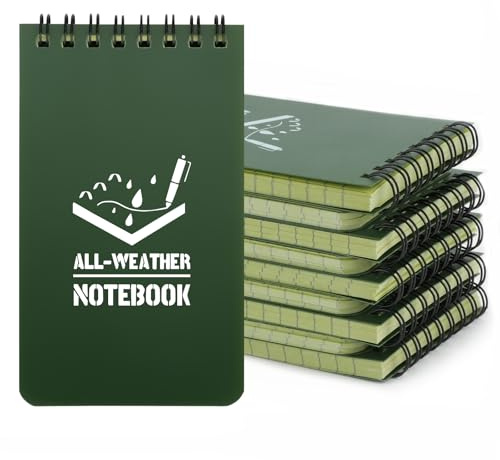 RETON 10-pack Vattentätt anteckningsblock, 8 x 13 cm fickanteckningsblock för allt väder med toppspiral, taktiska stenografiblock med rutnät för utomhus och aktivitet (Militärgrön)
