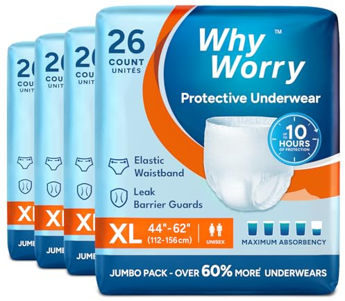 WhyWorry Culottes Incontinence pour Homme et Femme, Couche Culotte Adultes pour Fuites Urinaires, Slips Absorbants Jetables, Contrôle des Odeurs, Unisexe, Taille XL, 104 Unités (4 Lot de 26)