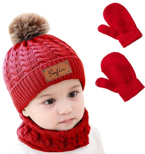 Bonnet Tricoté Personnalisé Au Nom De L'enfant, Écharpe, Gants, Ensemble De Trois Pièces, Ensemble De Vêtements D'hiver Pour Enfants, Bonnet De Bébé En Cuir Personnalisé, Bonnet Pee Wee Sans Bord