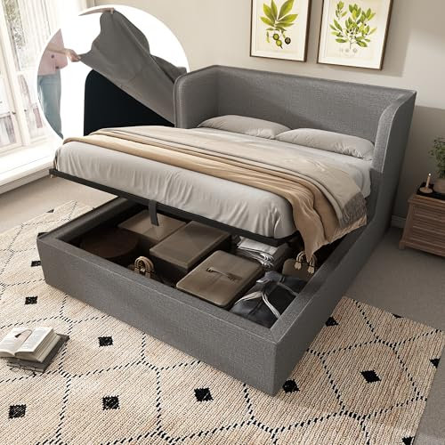 Zravenna Polsterbett Boxspringbett 180x200 mit Bettkasten, Doppelbett Stauraumbett mit Breite Seitenlehn und Abnehmbarer Bettrahmenbezug, Bettgestell mit Lattenrost und Stauraum, Leinen, Grau