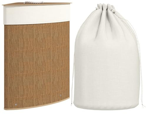 HOMCOM Bamboo Laundry Basket with Lid, 55L Corner Laundry Hamper with Removable Washable Liner Bag, Bathroom Triangle Washing Basket, 35 x 35 x 60 cm, Brown