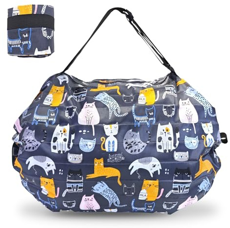 SwirlColor Borse per la spesa riutilizzabili pieghevoli, carina borsa di grande capacità del con borsa a cerniera per lo shopping Travel Camping (Blu Scuro Gatto)