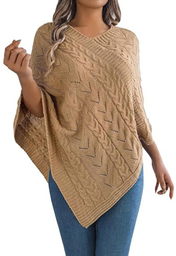 Vhersily 2025 Poncho in Maglia con Motivo a Treccia, Scollo A V, vestibilità Comoda, Maglia Intrecciata, con Orlo Asimmetrico, Elegante, Sottile, A Maniche Lunghe, per Autunno e Inverno, per Viaggi