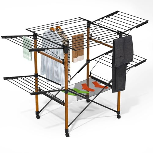 VOUNOT® Stendibiancheria Grande Capacità 173x94x123cm, Stendino Pieghevole Estensibile Salvaspazio con Ruote e Rete Multifunzionale, Effetto Legno per Interno ed Esterno, Nero