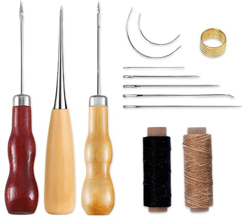 HMCEY Kit Couture Cuir,Fil Ciré pour Cuir Marron Noir avec Aiguille Cuirs Main et Alene pour Cuirs,Kit Couture Reparation,Outils pour Coudre le Cuir,Sewing Kit pour L'Artisanat du Cuir, Bricolage