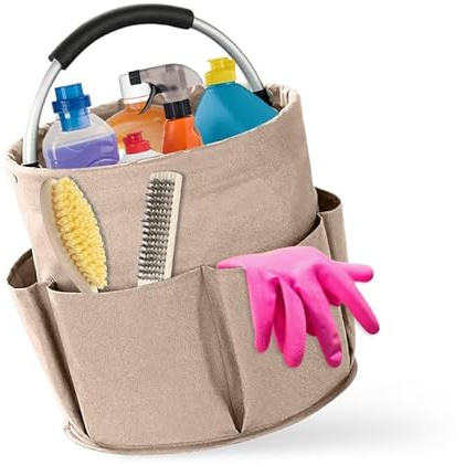 HMCEY Cesta Organizador Productos Limpieza 17 L,Bolsa de Limpieza Plegable,Cleaning Caddy,Cesta Limpiezas Portátil con Asa Y Bolsillos,Cubo Porta Productos de Limpiezas,Bolsa Herramientas Redonda