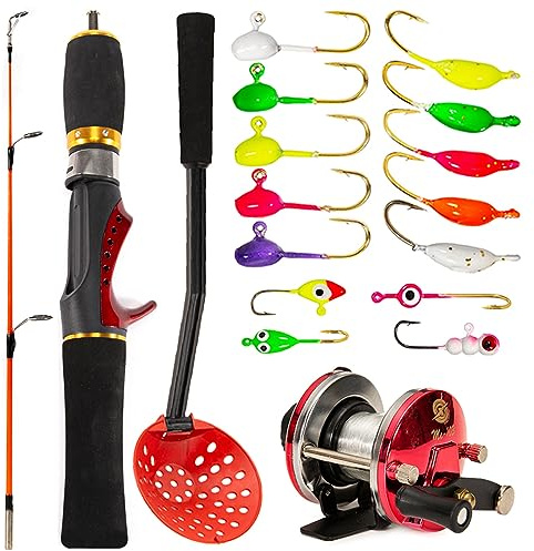 Set completo di canna da pesca sul ghiaccio e mulinello con gancio a paletta, kit completo per principianti pescatori esperti, organizzazione ideale