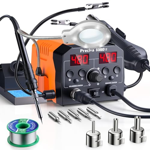 Preciva Heißluft Lötstation, 938BD II Entlötstation Lötkolben Station mit helfenden Hände 200-480℃, Lötstation Set Heißluft Start/Stop LCD Display für Elektronik und Reparaturen
