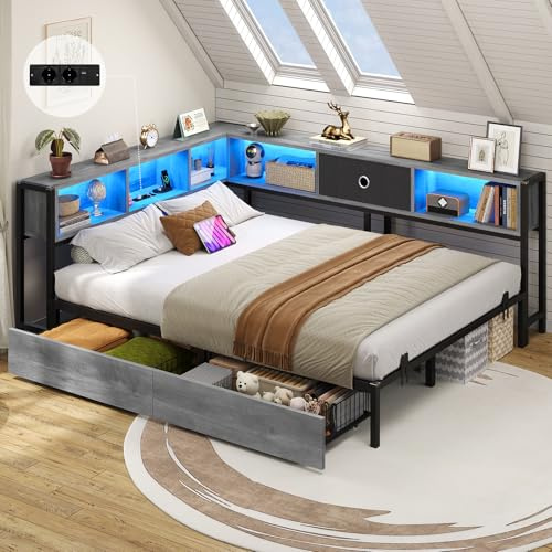 DICTAC Canapé Lit 140x200 avec Rangement, Éclairage LED et Prise – Lit Double 2 Places avec 5 Compartiments et 2 Tiroirs–Cadre de Lit Coffre pour Enfant, Adulte, Ados et Invité(Gris Chêne)