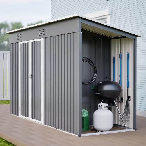 Metallskjul 311 x 123 x 181 cm med dubbeldörr och ventilation – väderbeständigt trädgårdsskåp inkl. stomme och säkerhetslås – kan användas som cykelgarage och soptunnlåda (grå)