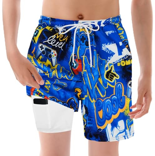 YYDSXK Short de Bain Garcon, Shorts de Bain pour Enfant avec Compression, Maillot de Bain Garçons 2 en 1, Anti Poussière, Anti Sable et Protection Solaire, Shorts de Plage Cool et Elégants
