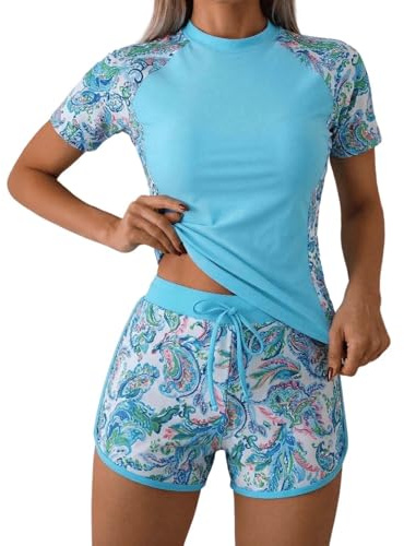 Bañador de mujer de manga larga con protección UV UPF 50+ de dos piezas, traje de baño de gran tamaño, slim fit, protección solar, ropa de baño de manga larga, camiseta y pantalones cortos para