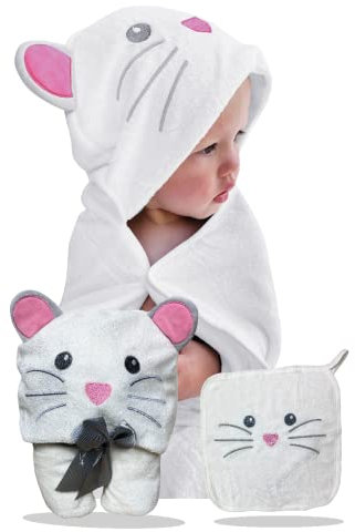 HECKBO Baby Handtuch Kapuze Maus inkl. Waschlappen, ab 0 Jahren, Neuheit: 2 Druckknöpfe, Baby Geschenk Mädchen Jungen, weiches saugfähiges Material 90x100cm Kinder Badetuch Bademantel Kapuzenhandtuch