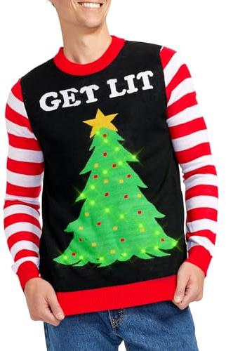 Tipsy Elves Men's Light Up Christmas Sweater - Black Lit Funny Ugly Christmas Sweater Size Large