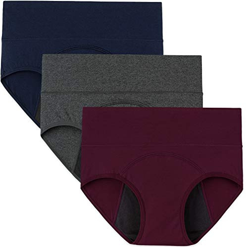 INNERSY Period Underwear for Women High Waisted Leak-Proof Postpartum Menstrual Panties 3-Pack (Dark Vintage, Large)