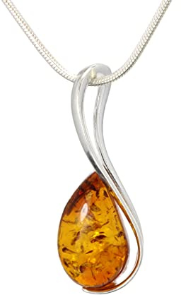 LIGURIUS NATURAL BALTIC AMBER STERLING SILVER 925 NECKLACE with Cognac Pendant Gemstone and Adjustable Silver Snake Chain - Women's Jewelry Gift Set (45cm - 50cm)