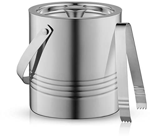 JoyJolt Metal Double Wall Ice Bucket with Lid, Ice Tongs and Strainer. 3L Insulated Ice Bucket for Cocktail Bar, Wine, Home Bar Accessories, Parties, Champagne Bucket. Stainless Steel Ice Buckets
