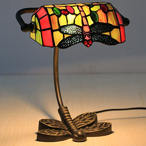 errzom Mini Small Dragonfly Tiffany Style Stained Glass Banker Desk Table Lamp with Adjustable 8 Wide Lampshade for Reading Working Living Room Bedroom Library Bedside, 10 Tall,Red Green