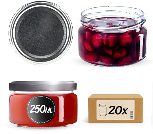 KADAX Lot de 10 pots à confiture en verre 250ml – Pour confitures, miel, conserves & cornichons – Passent lave-vaisselle, sans couvercle