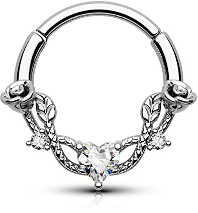 CM Crareesi Mania Septum Daith Piercing Silber Septum Clicker 16G Chirurgenstahl Scharnier Segmentringe 8mm Nasenpiercing Hoop Helix Knorpel Conch Tragus Piecing Ohr Schmuck mit Herz Zirkon