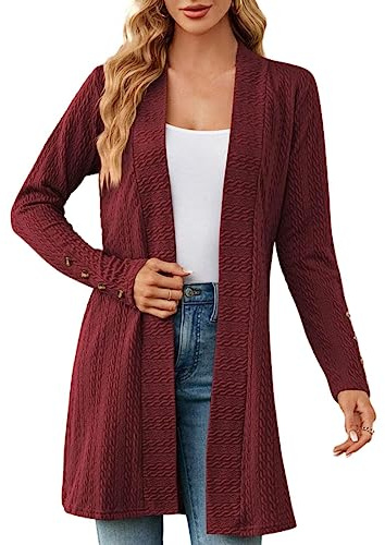 Cárdigan largo para mujer, cárdigan casual para mujer, de longitud media, color sólido, cárdigan con botones para mujer, otoño, manga larga, ligera, fina, elegante, abrigo de punto cálido