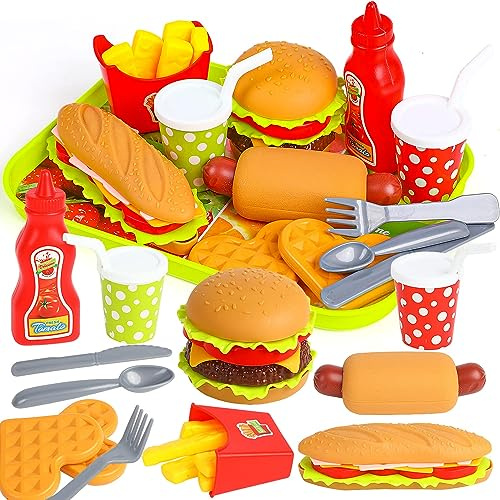 DERAYEE Cibo Giocattolo per Bambini e Bambina, Set Cucina con Hamburger, Hot Dog e Patatine