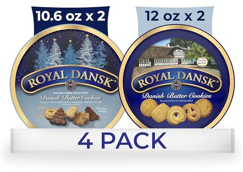 Royal Dansk Holiday Cookie 4er Pack, exklusives Amazon-Multipack mit original dänischen Butterkeksen, festliche Dosen für Weihnachtsgeschenke, hergestellt mit echter Butter, gentechnikfreie Zutaten