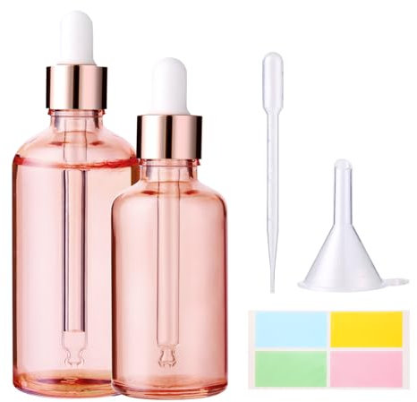 Hyber&Cara Flacons à pipette en verre avec pipette en verre - 50 ml - 100 ml - Or rose - Bouteilles de pharmacie avec pipette goutte pour huiles essentielles, huiles parfumées, colorants liquides