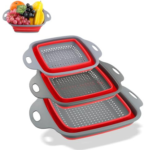 YILANJIN Scolapasta Pieghevole, 3 Pezzi Filtro Cestino Cucina in Silicone con Manico, Cesto di Frutta Portatile con Manico, Filtro Setacci Pieghevoli per Cucina, Campeggio, Domestica (Rosso)