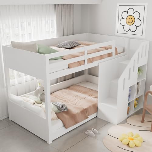 Aoskem Kinderbett Etagenbett 90x200 für 2 Kinder, Hausbett Hochbett mit Treppe und Schließfächern, Jugendbett Holzbett Bettgestell mit Rausfallschutz und Lattenrost, Kiefer Rahmen, Ohne Matratze, Weiß